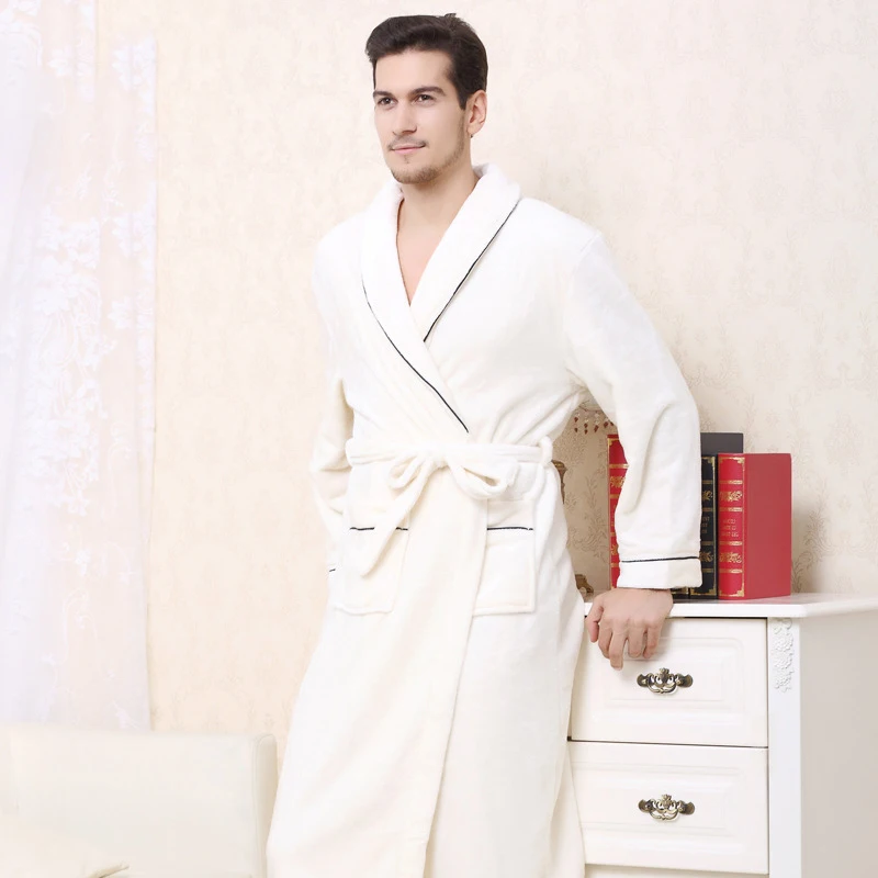 Warm Kimono Robe Winter Bathrobe Men Super Soft Flannel Coral Fleece Long Bath Robes Mens Kimono Sleepwear Male Dressing Gown