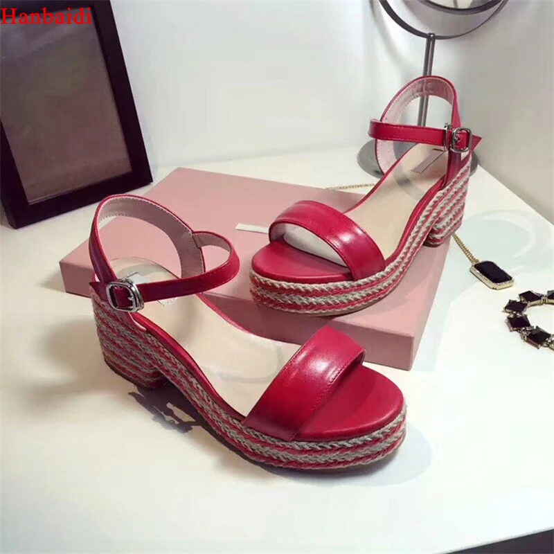 

Hanbaidi 2018 Hemp Platform Wedges Gladiator Sandals Women Open Toe Silver Black Red Pink Real Leather Thick Bottome Beach Shoes