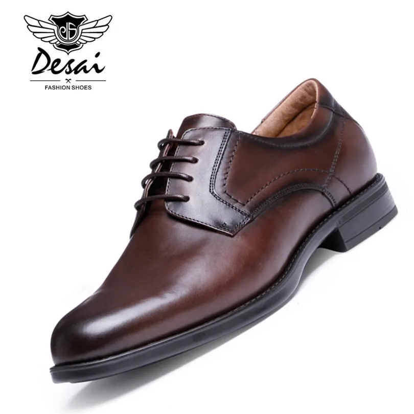 

DESAI Brand Cowhide Leather Oxford Shoes For Men Lace Up Thick Heel Pointed Toe Quality Men Shoes Leather Black Brown