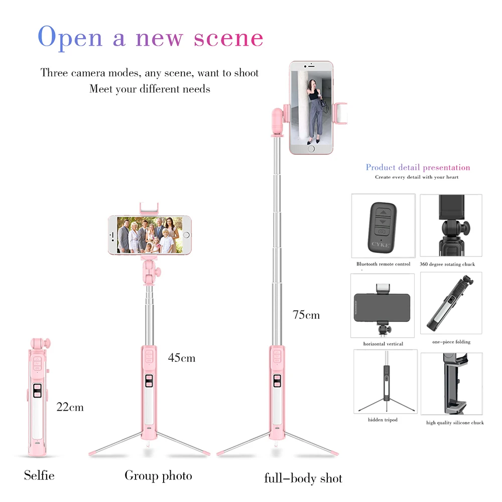 Cyke Selfie Stick Wireless Bluetooth Remote Shutter Extendable Phone Selfie Stick Tripod With Beauty Fill Light For Android Ios (10)