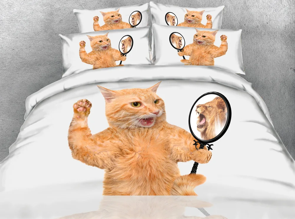 

100%cotton Tencel cotton 3d Cat mirror bedding set twin/full/queen/king size Cartoon home textile high quality bedding set white