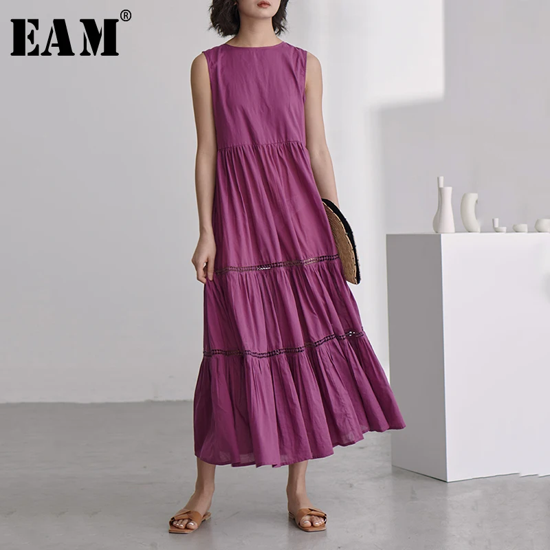 

[EAM] 2019 New Spring Summer Round Neck Sleeveless White Loose Long Split Joint Ruffles Cake Dress Women Fashion Tide JW172