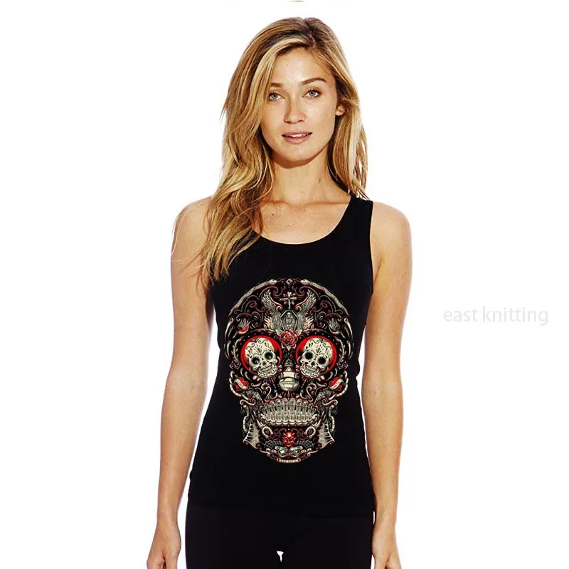 BAE0047 Punk Style Sleeveless Tops For Women Ornate Skull Print Black ...