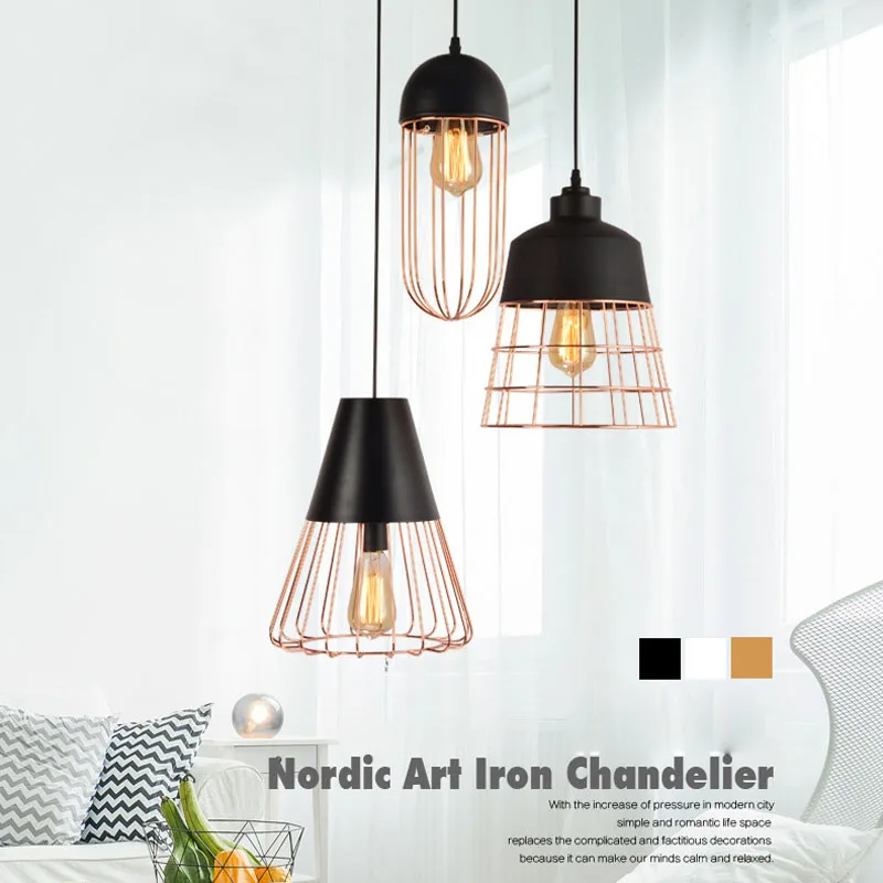 Contemporary Caged White Black Pendant Light Vintage Hanging Restaurant Pendant Lamp Home Lighting Fixture Dining Room Bar Lamps (5)