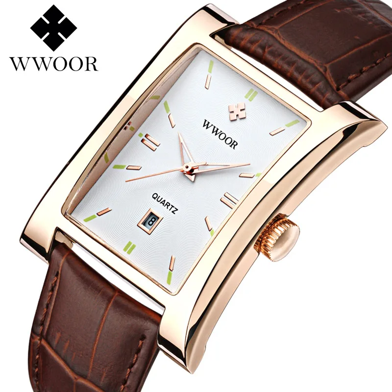 WWOOR Top Brand Luxury Men's Square Quartz Watch Men Waterproof Genuine Leather Casual Sports Business Wrist Watch Date Clock