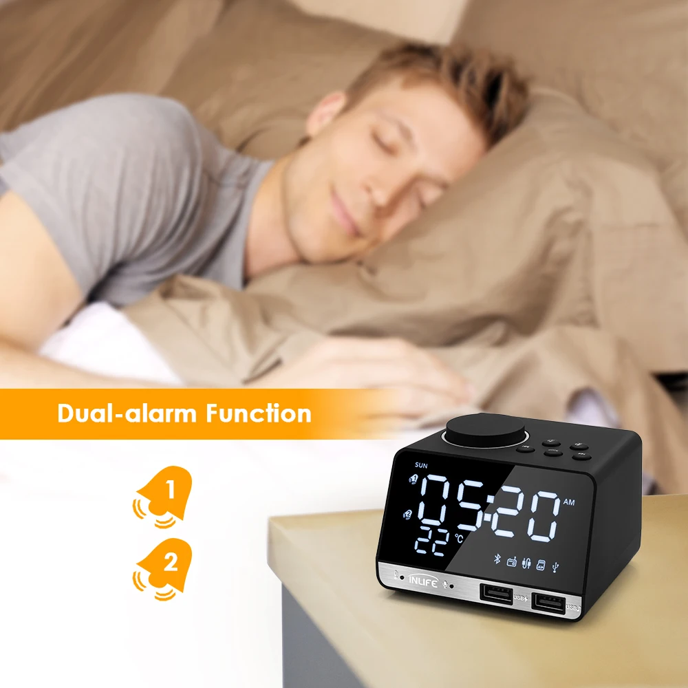 

Radio Alarm Clock Bluetooth 4.2 Speaker With 2 USB Ports LED Digital Alarm Clock Home Decoration Snooze Dual Alarm Table Clock