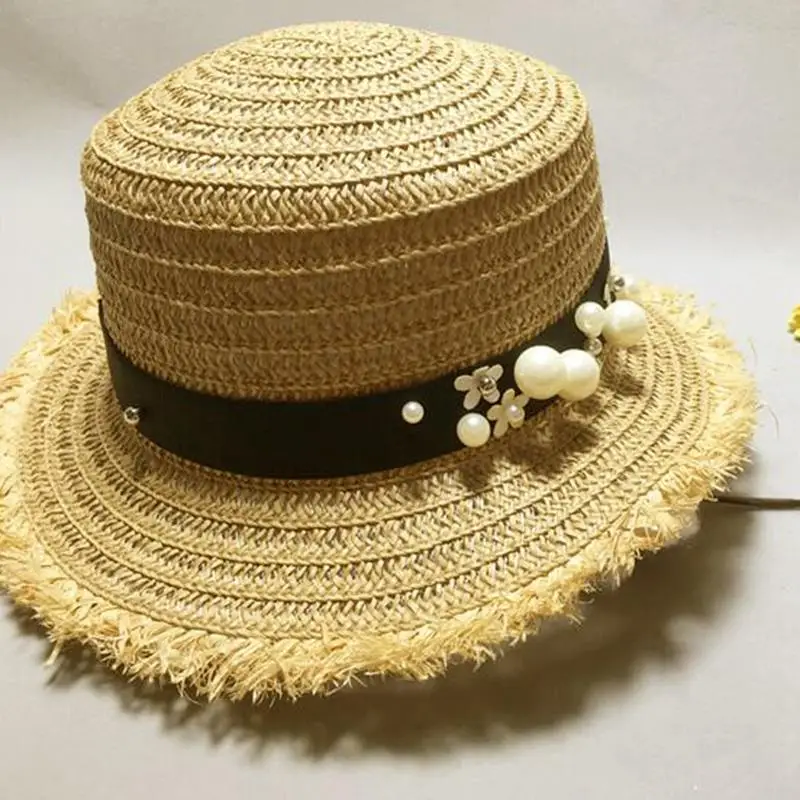 Lovely Flat Top Straw Hat Summer Spring Women'S Trip Caps Leisure Pearl Beach Sun Hats Breathable Fashion Flower Girl Hat