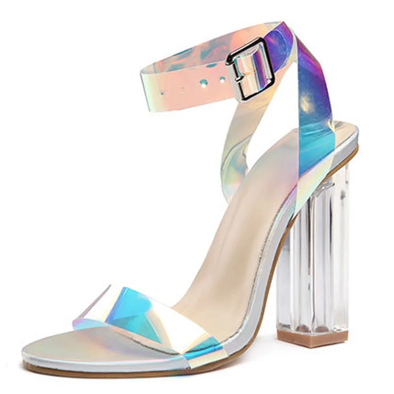 

Summer Women Sandals Ladies Plus Size Shoes PVC Buckle Strap Transparent Peep Toe Sexy Fashion High Heel Stilettoes Solid Casual