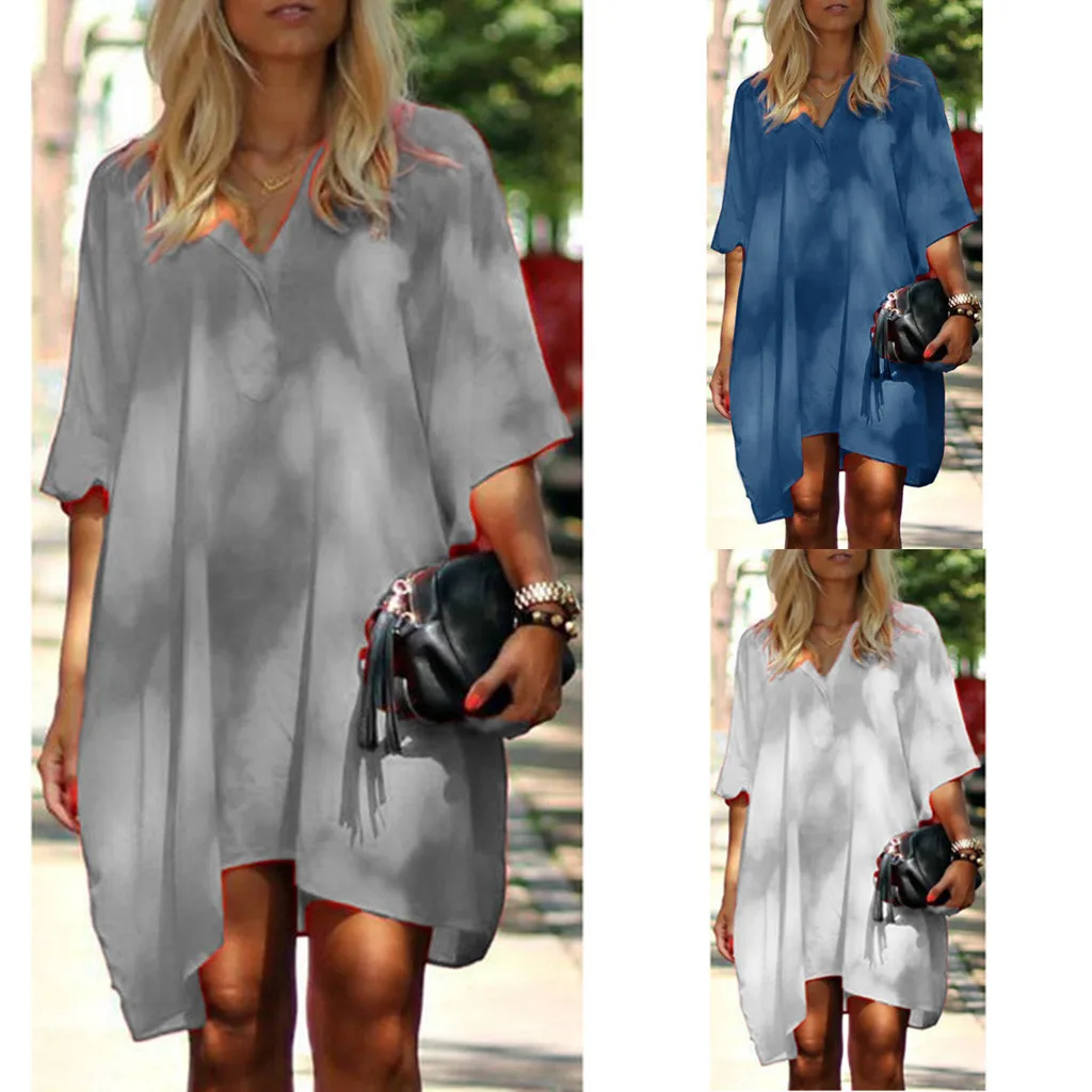 Women Clothes 2019 Solid V-Neck Oversized Dress Loose 1/2 Sleeved Ruffled Kaftan Mini Drop Shipping New Arrival | Женская одежда