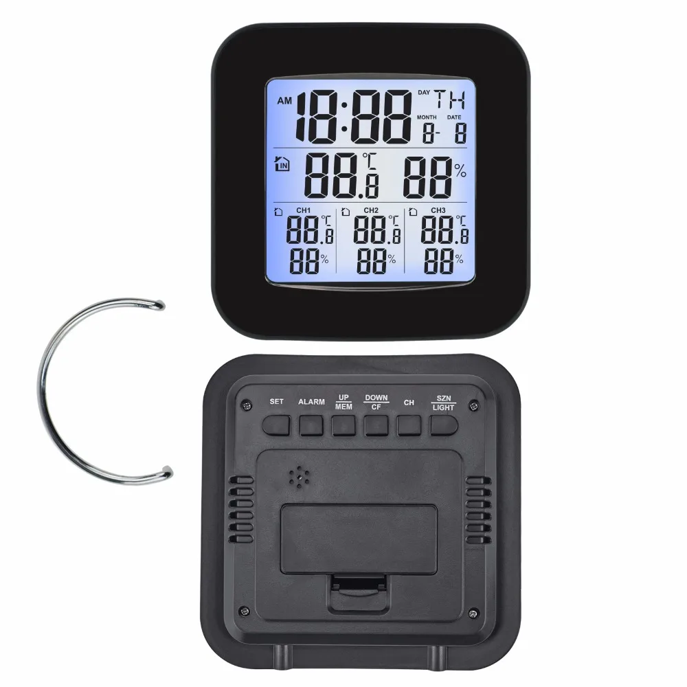 Kopen Weerstation w 3 Indoor Outdoor Draadloze Sensoren Digitale Thermometer Hygrometer Zwart LED LCD Display Temperatuur en Vochtigheid