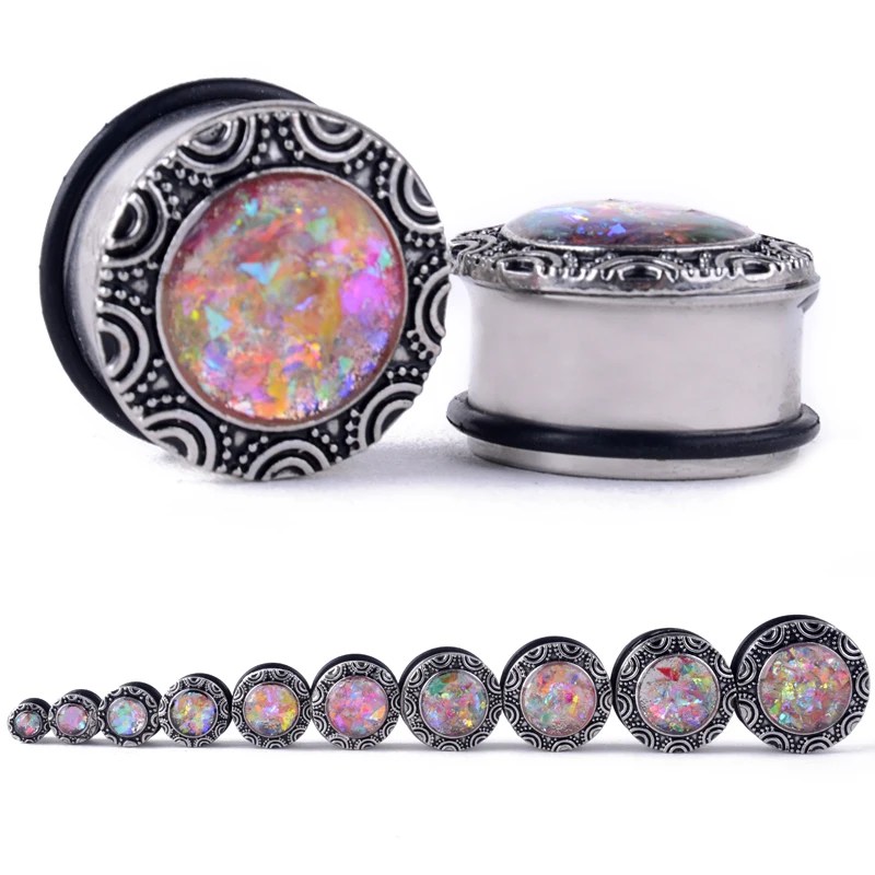 

2pcs 6-25mm Colorful Opal Stone Piercing Earring Gauges Tunnel Steel Ear Plug Expanders Rings Punk Style Body Piercing Jewelry