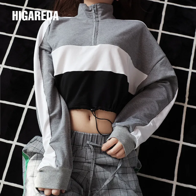 

Long-sleeved Pullovers Hoodies Deep V Neck Top Drawstring Loose Cropped Patchwork Sweatshirt Women Kawaii Oversize 2019