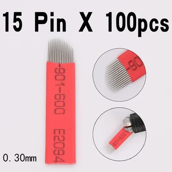 

Red 100 PCS Microblading 0.30mm 15 U needles Permanent Makeup Tattoo Needle 14 Flex Blades for Eyebrow Manual Pen
