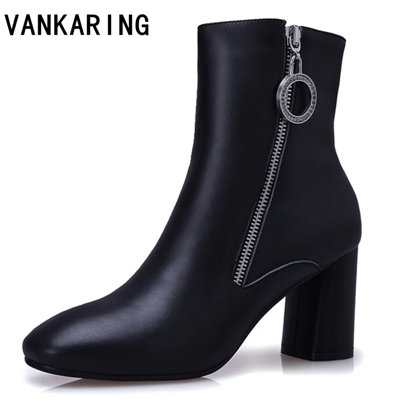 

VANKARING genuine leather shoes woman ankle boots for women thick high heels shoes fashion zip women's boots black dress shoes