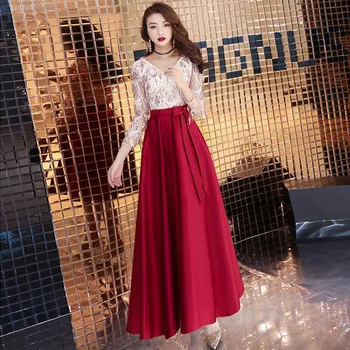 

Sequins A Line Evening Dresses Robe De Soiree 2020 V Neck 3/4 Sleeve Formal Party Gowns Elegant Chinese Bride Toast Clothes