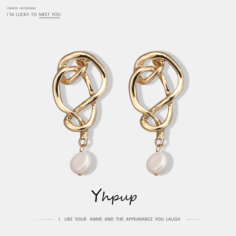 

Yhpup New Fashion Personality Copper Geometric Dangle Earrings Natural Pearls Statement Earrings for Women Party Jewelry Gift