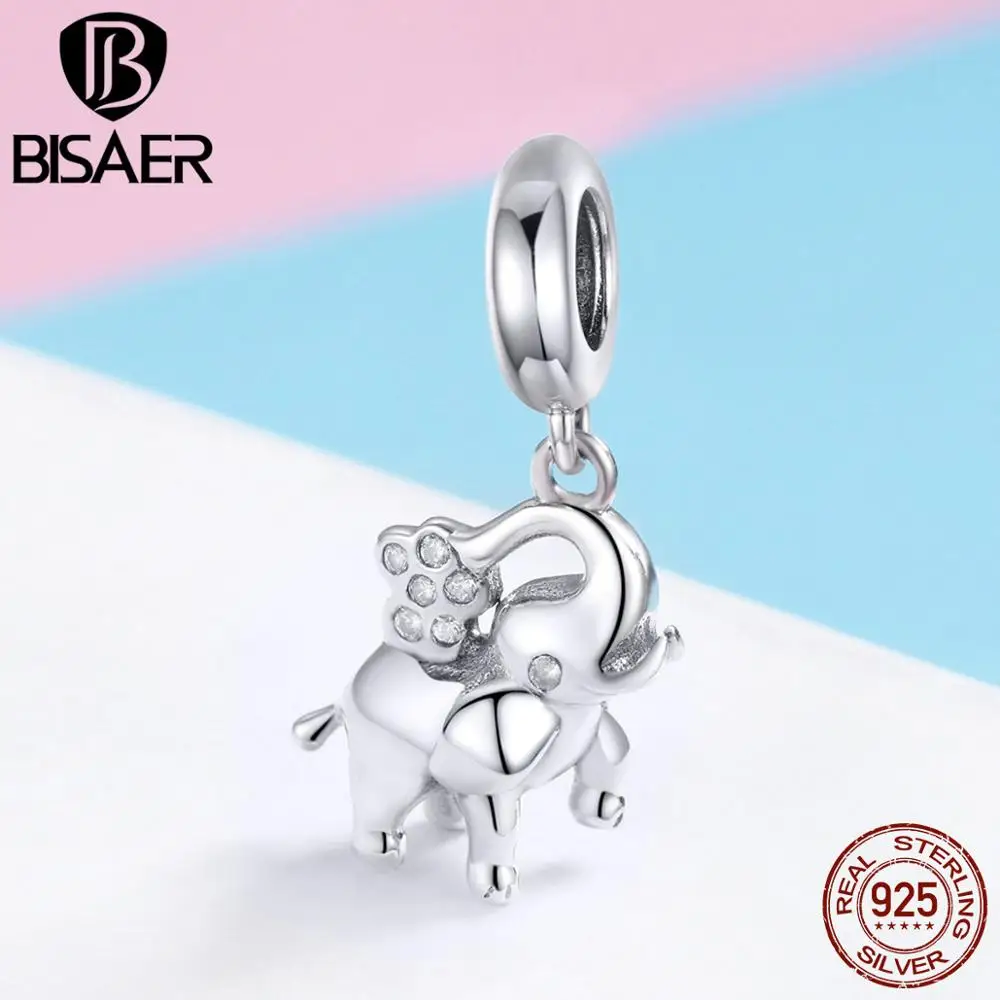 

BISAER Authentic silver 925 Jewelry Happy eElephant CZ Crystal Beads Charms Fit Charm Jewelry Making GirlFriend Gift GXC1059
