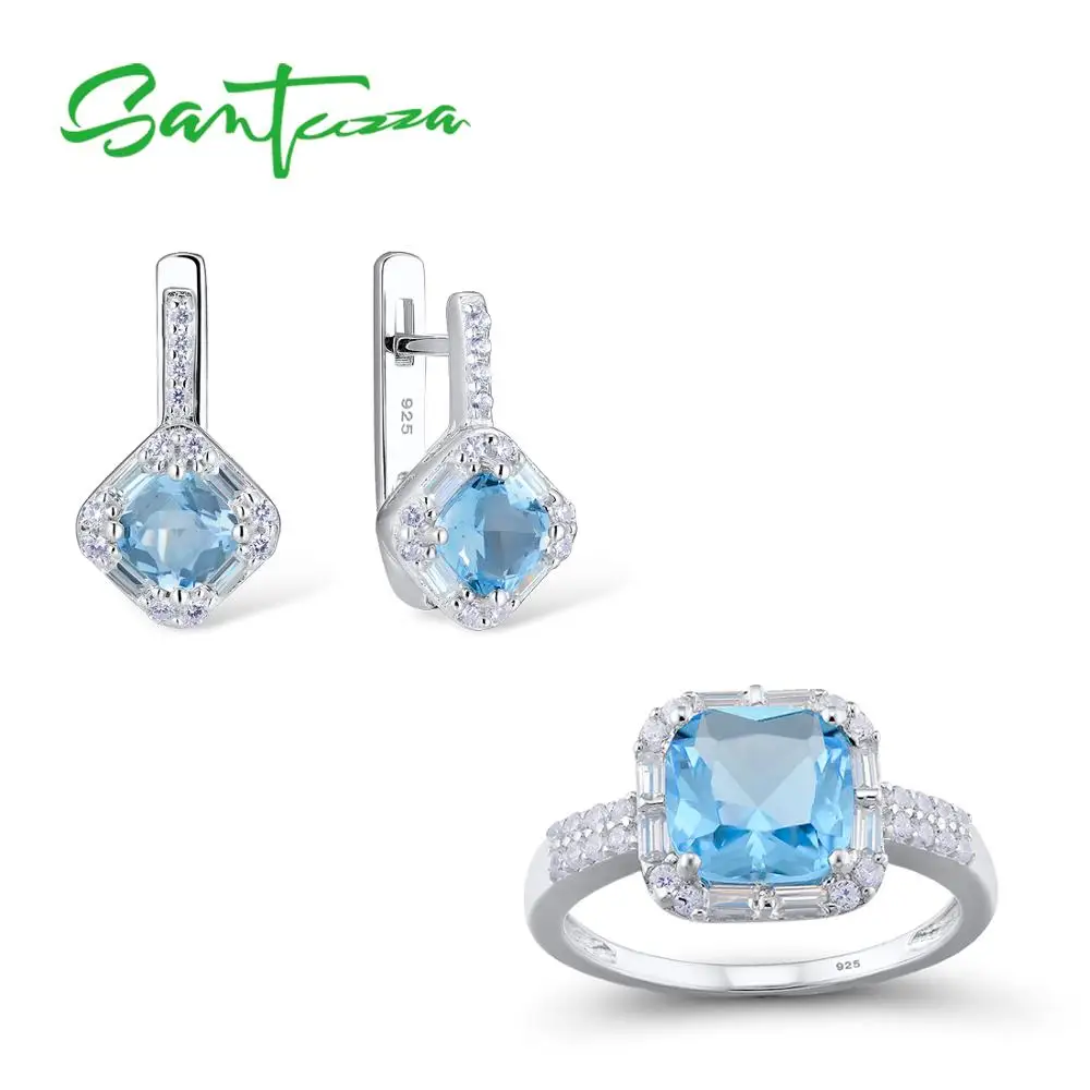 Conjunto de Jóias para as Mulheres Brincos de Cristal Conjunto de Jóias Santuzza Chique Nupcial Brilhante Almofada Azul Conjunto Anel 925 Prata Esterlina Moda