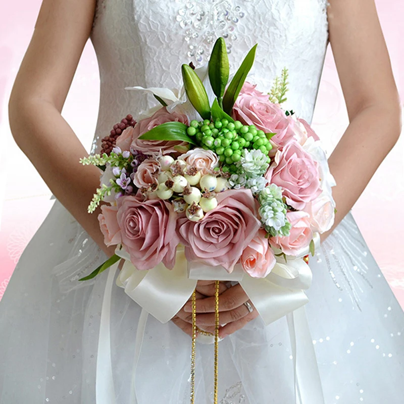 Sposa Azienda Fiore Romantico In Rilievo Di Cristallo Wedding Bouquet Damigella D'onore Rosa Fiori di Seta Artificiale Hydrangea Bouquet Da Sposa