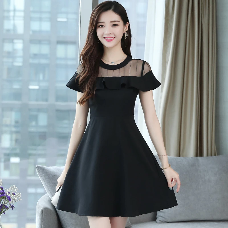 Black Summer Party Night Womrn Dress Ruffle Short Sexy Lady Slim Mini Office Mesh Short Sleeve Classic Hepburn Small Black Dress