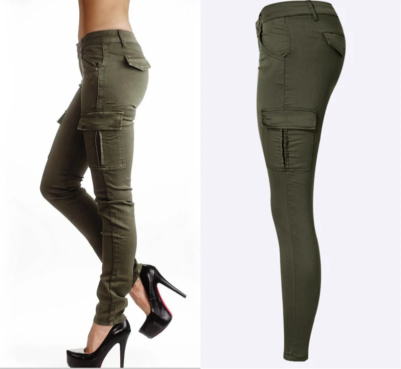 Армейские зеленые женские брюки с низкой талией и узкими карманами, женские Стрейчевые брюки, повседневные, Pantalones Mujer