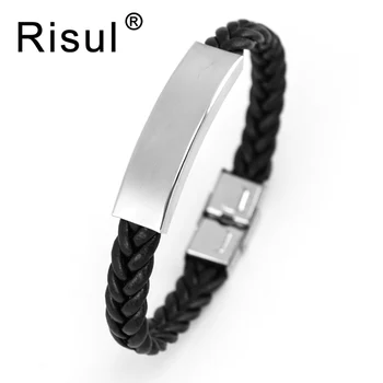 

100% Stainless Steel Blank ID Tags Men Bracelet Safe Clasp Genuine Leather Hand Knitting Bracelets Bangles Man Wholesale 50pcs