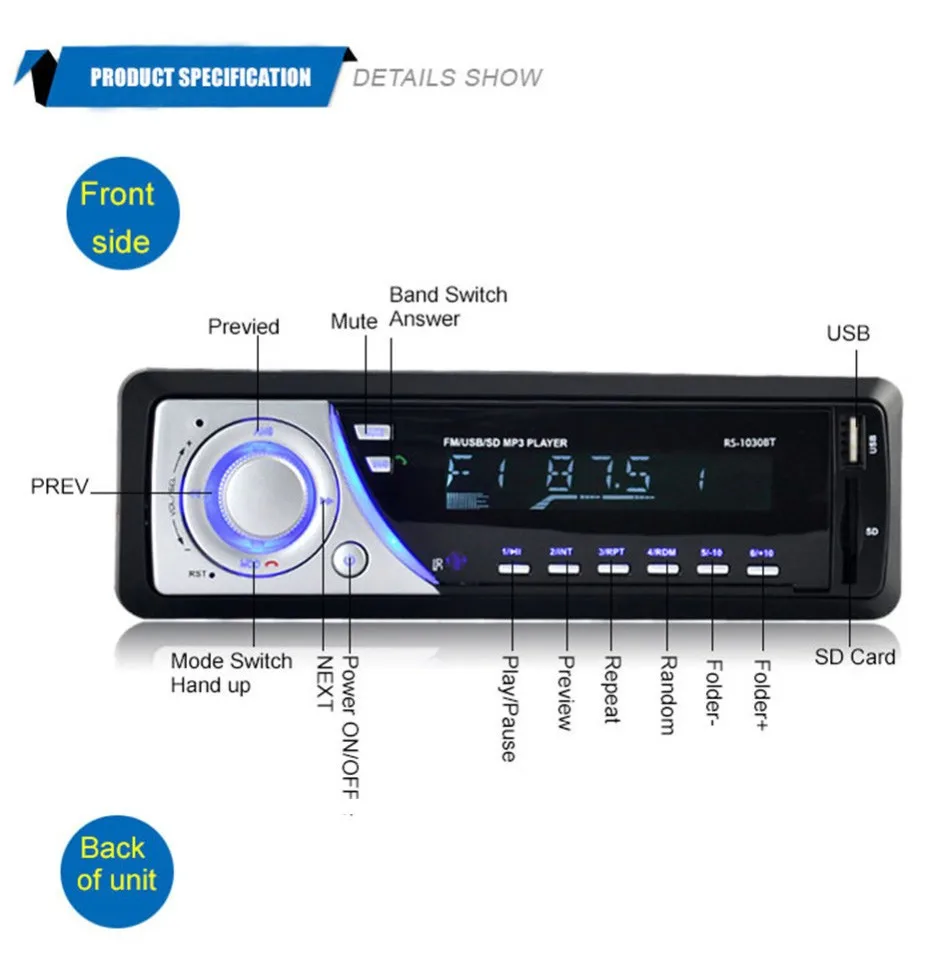 1 Din Car Audio Auto Radio Stereo Music OLED Screen Bluetooth MP3 Player AUX FM Handfree Radios With 5V USB Phone Charger Port -10