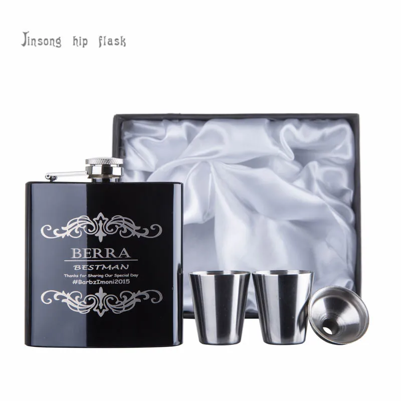 

6 oz personalized black stainless steel hip flask set,gifts for groomsman or bestman