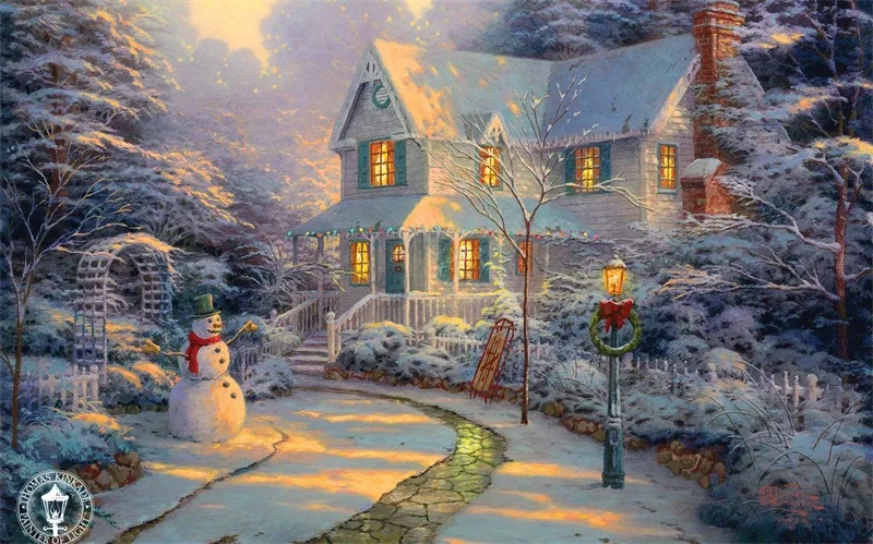 

Free shipping Thomas Kinkade quiet snow landscape painting prints on canvas beautiful home decor