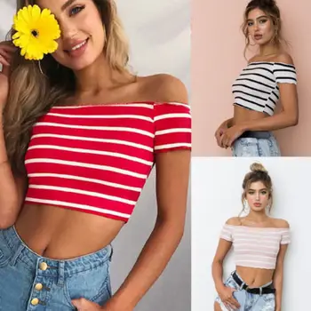 

Summer Women Casual Off Shoulder Cropped Top Fashion Striped Blouse Sleeveless Sexy Ladies Crop Tops Shirt