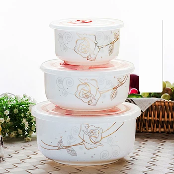 

Three-piece set, fine bone china bowl set, keeping food warm, ceramic food containers, for dinner and cooking, microwave save