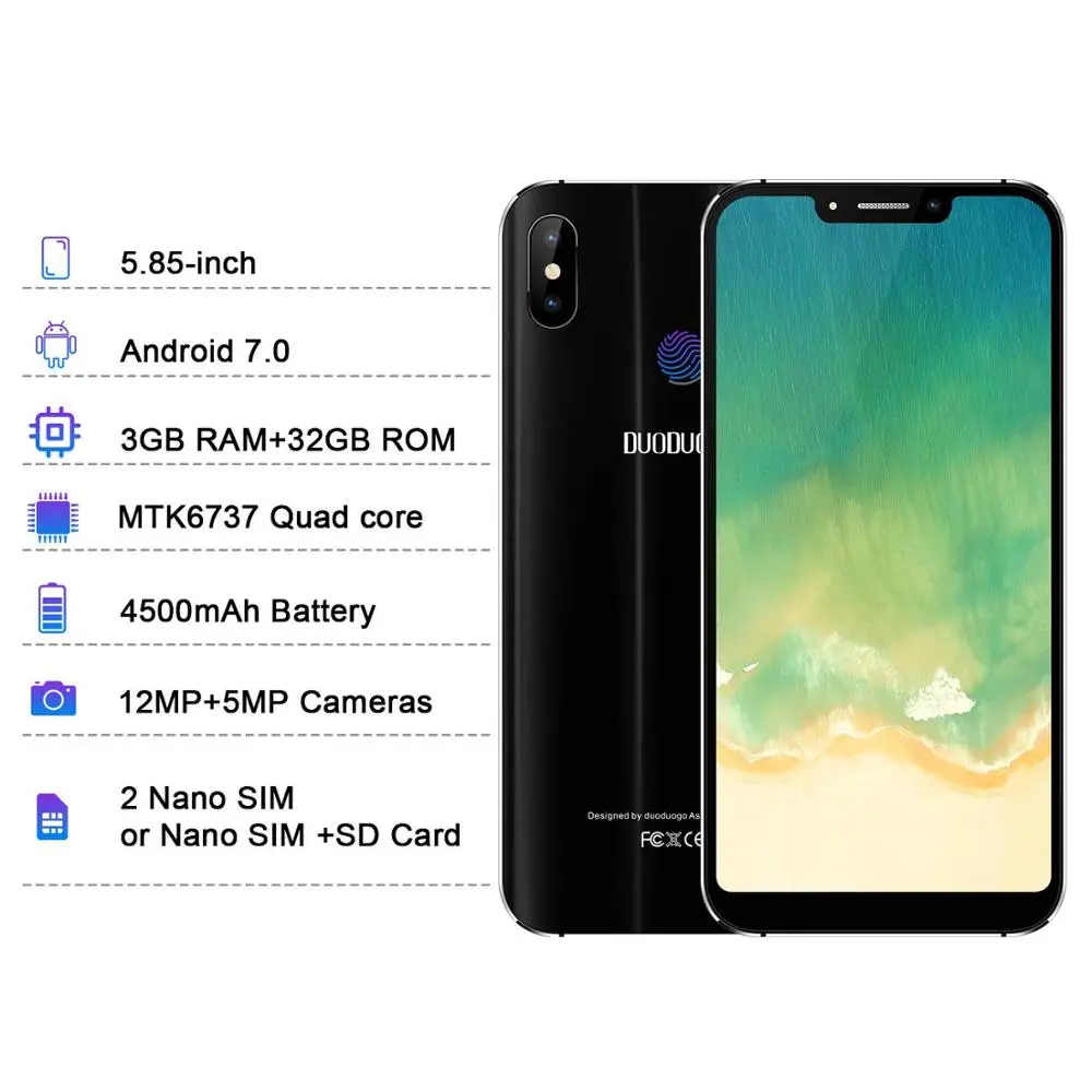 

DUODUOGO 4S Mobile Phone Android 7.0 5.85'' HD screen 3GB+32GB 4500mAh Fingerprint celular 4G LTE Smartphone unlocked cell phone