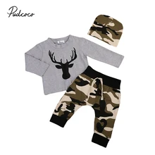 2017 Camouflage Newborn Baby Boy Clothes Long Sleeve Deer T-shirt Grey+Camo Pant Hat 3PCS Outfits Toddler Kids Clothing Set