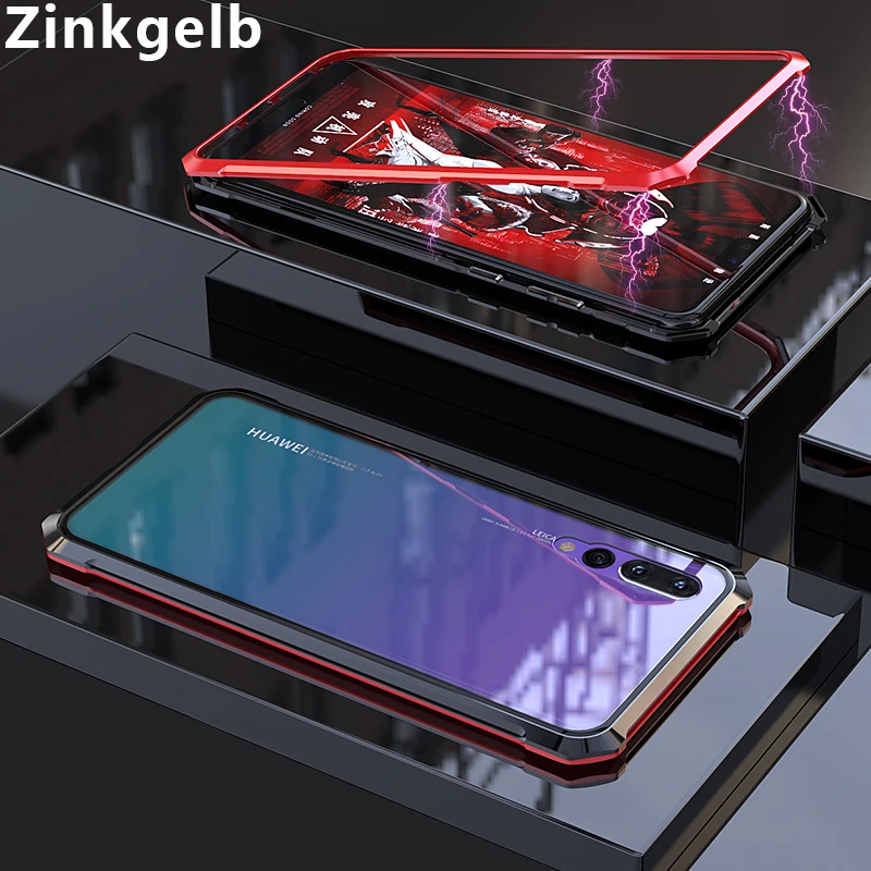 

For Huawei P20 Pro Cover Case Luxury Hard Magnetic Metal Aluminum Alloy Transparent Glass Protect Phone Case for P20 Back Case