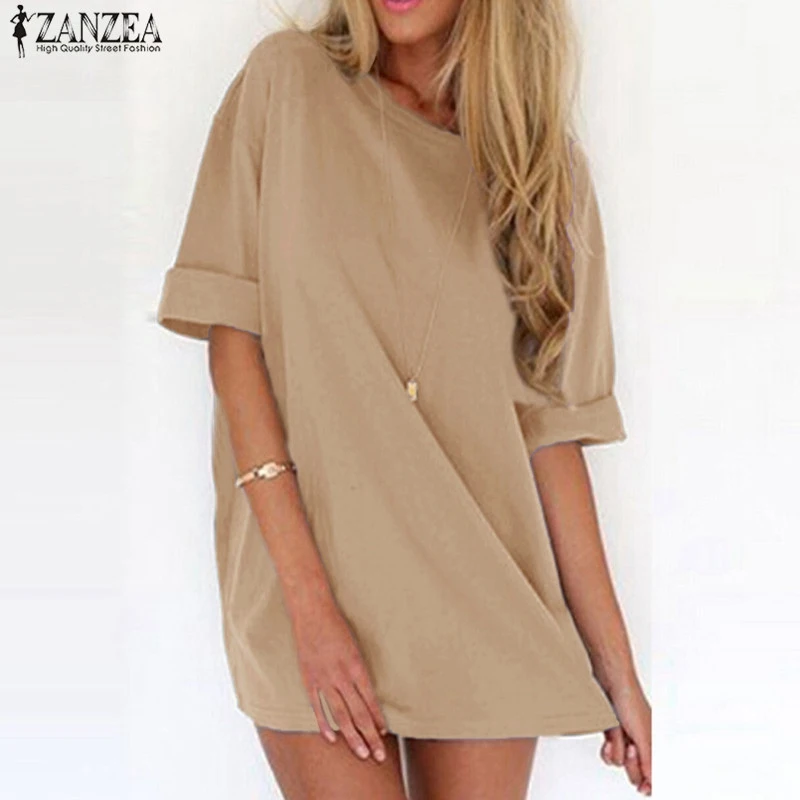 

ZANZEA Women Sexy Mini Dress 2019 Summer Ladies Casual Loose Short Sleeve Solid Beach Dresses Plus Size Long Tops Vestidos 5XL