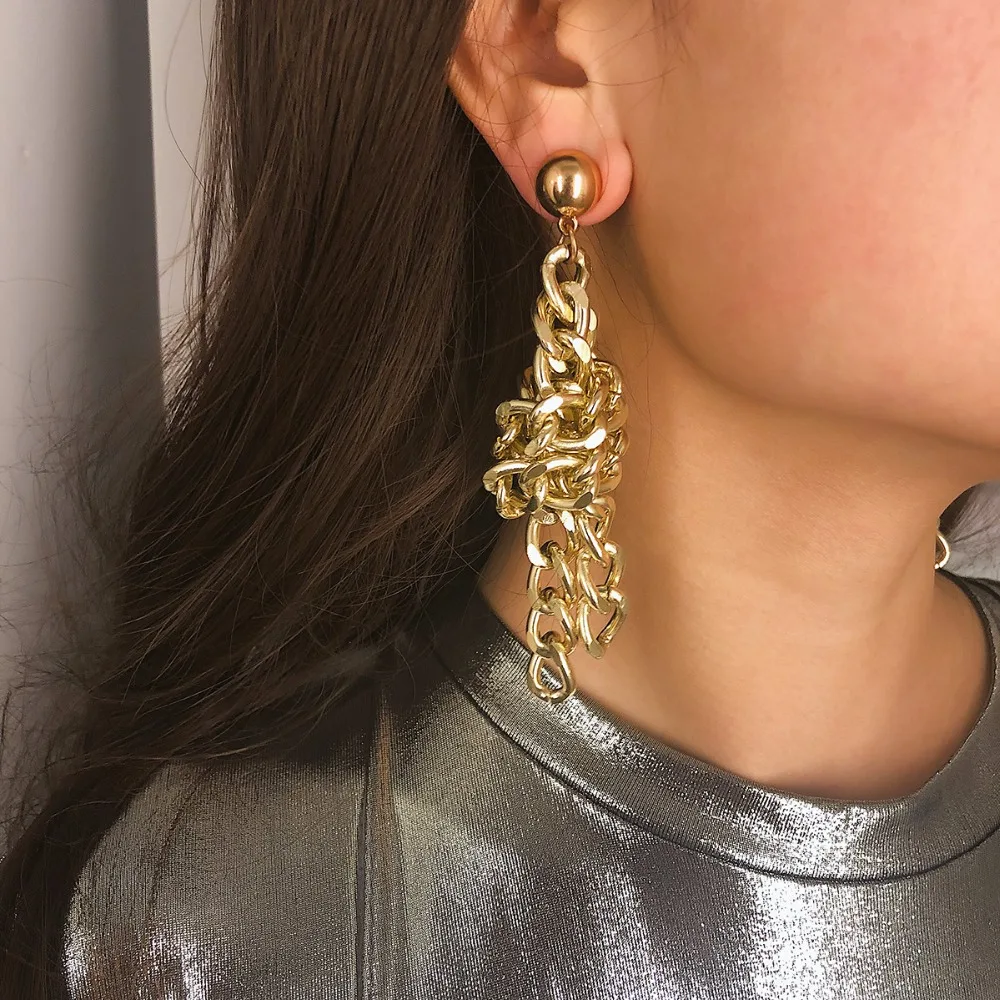 

2019 Exaggerated Simple Knotting Chain Long Tassels Drop Earring Fashion Metal Punk Dangle Earring Women Jewelry Accessories