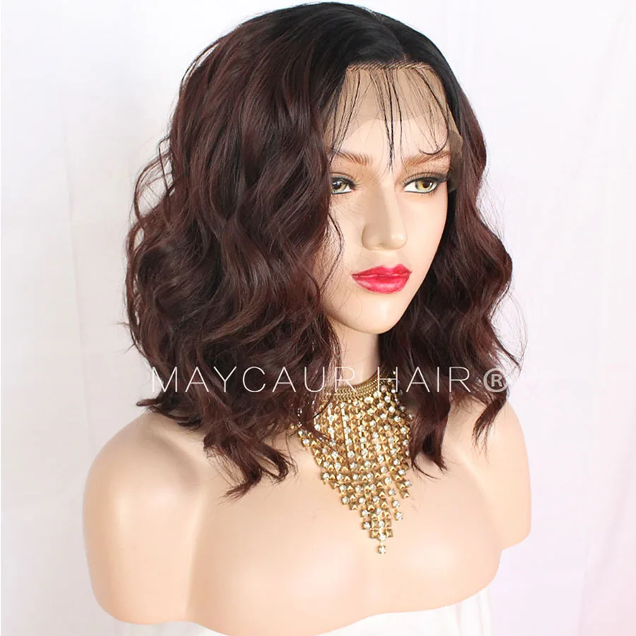 Maycaur Natural Wavy Glueless Synthetic Lace Front Wigs Short Bob Black Blonde Brown Color Lace Wig Natural Hair for Women