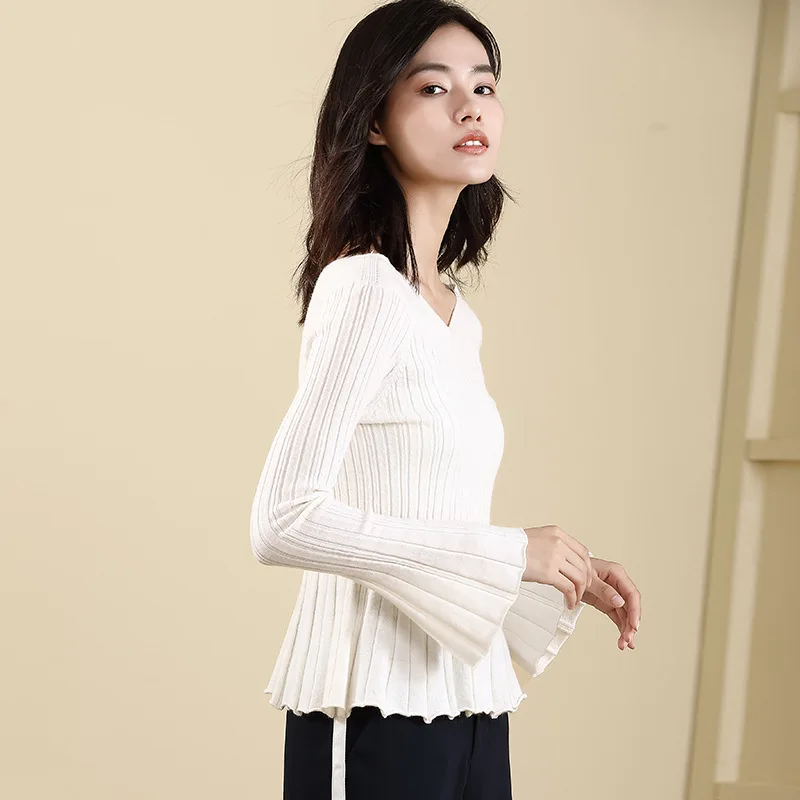 2018 Fall And Winter New Horn Long-sleeved V-neck Knit Top Slim Bottoming Shirt Short Sweater Women's Sweater vestidos 2018 Fall And Winter New Horn Long-sleeved V-neck Knit Top Slim Bottoming Shirt Short Sweater Women's Sweater vestidos