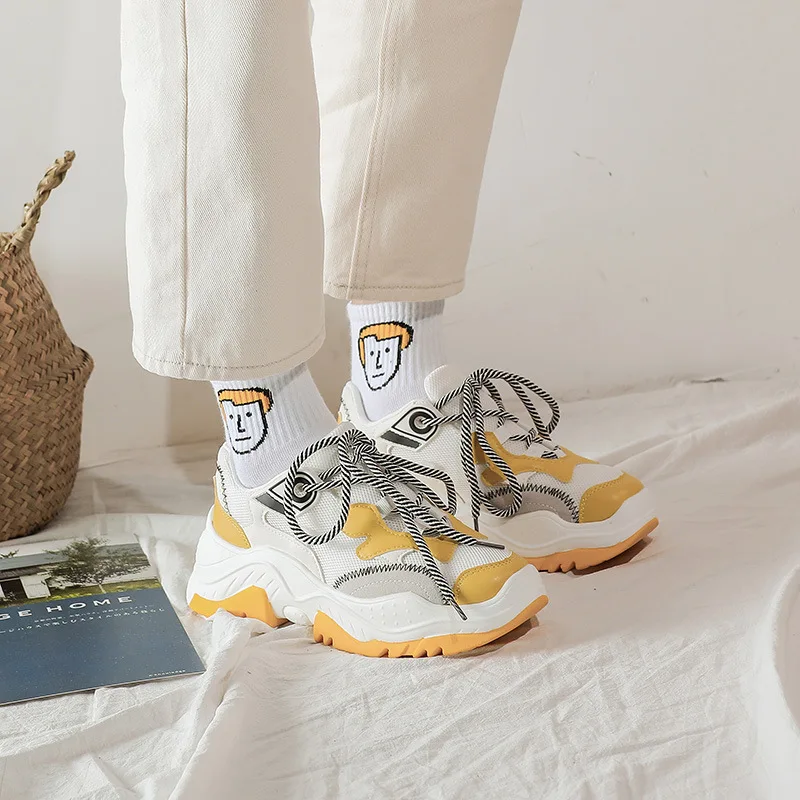 

2019 spring and summer new casual thick-soled women's shoes color matching old shoes high-heeled mesh breathable women's shoes