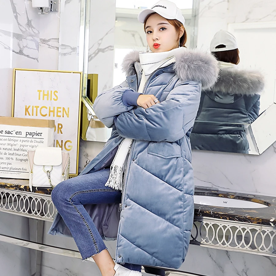 With fur trim hood Cotton Liner long down coats women plus size warm straight long Windbreaker female pockets zipper winter