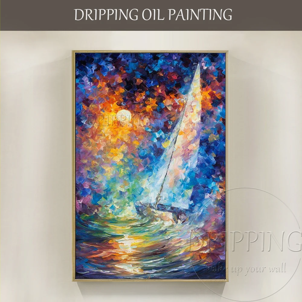 High Quality Vivid Colors Abstract Landscape Oil Painting Decor Hand-painted Knife Textured Colorful Boat | Дом и сад