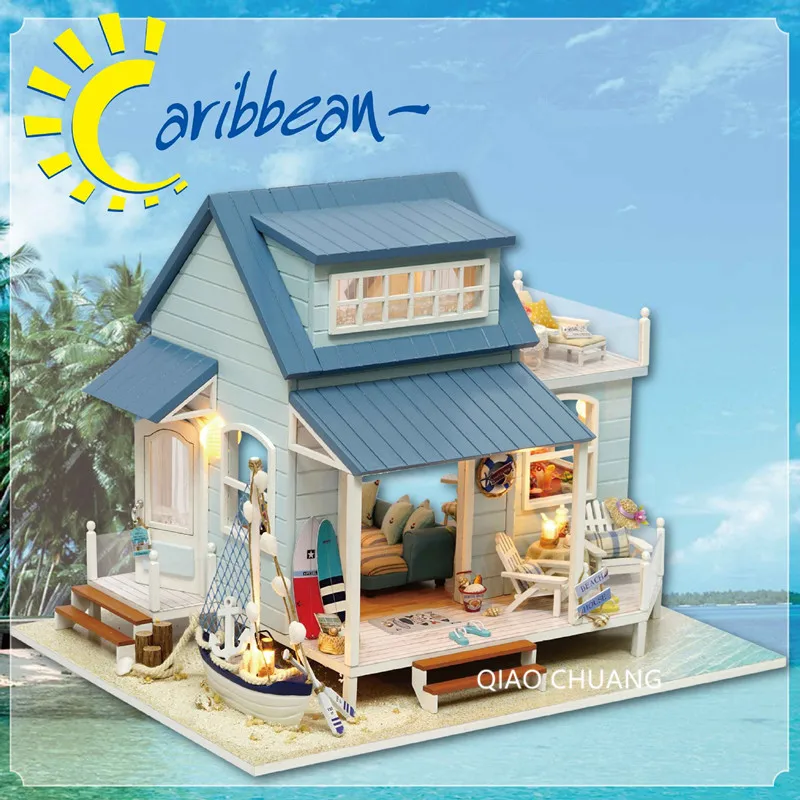 

DIY Caribbean Sea Manual Assembly Wood House Educational Toys With LED Light Home Furnishings Birthday Gift L480