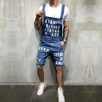 

New Fashion Men's Ripped Jeans Jumpsuits Shorts Summer Hi Street Distressed Denim Bib Overalls For Man Suspender Pants 2020