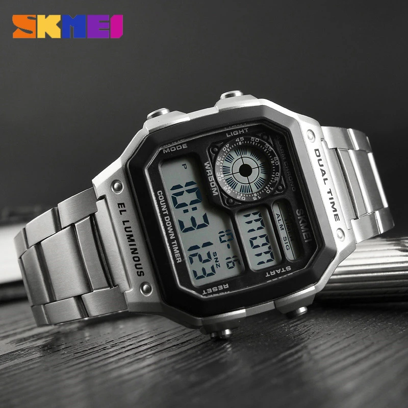 SKMEI Men Sports Watches Count Down Waterproof Watch Stainless Steel Fashion Digital Wristwatches Male Clock Relogio Masculino
