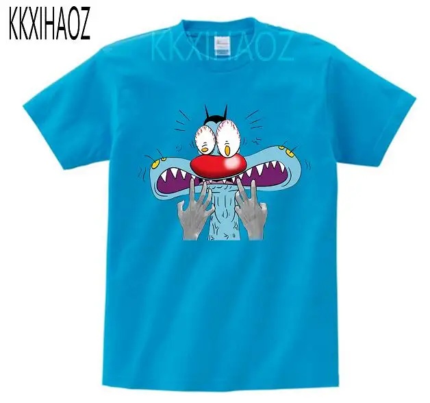 Детская летняя футболка для мальчиков и девочек с дыхательными упражнениями детская хлопковая Футболка с принтом Oggy и тараканы - Цвет: Синий