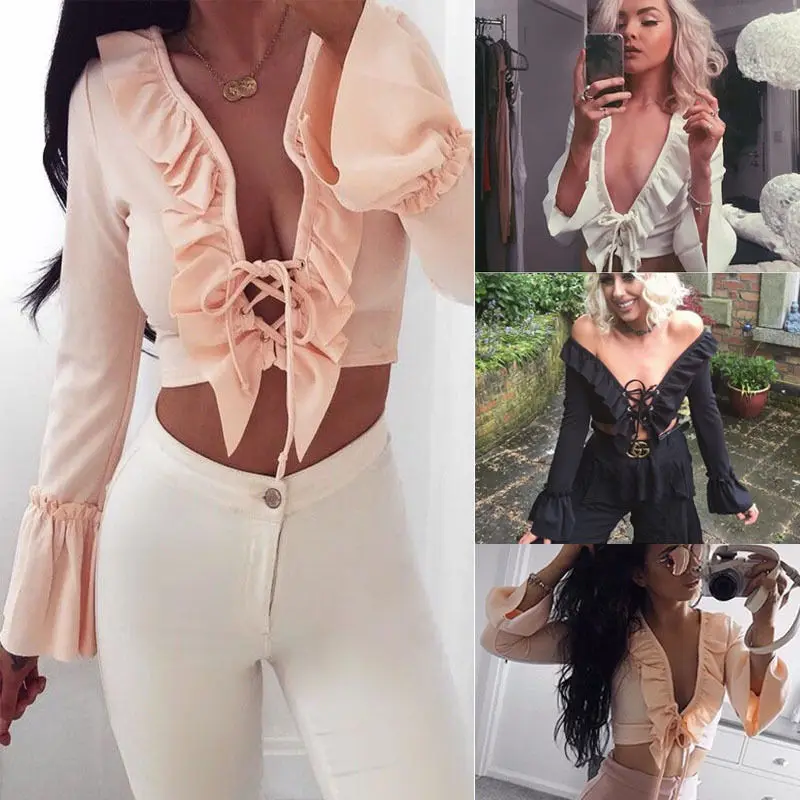 Женский кроп топ с длинным рукавом V образным вырезом и шнуровкой|tees women|top t-shirtclothes