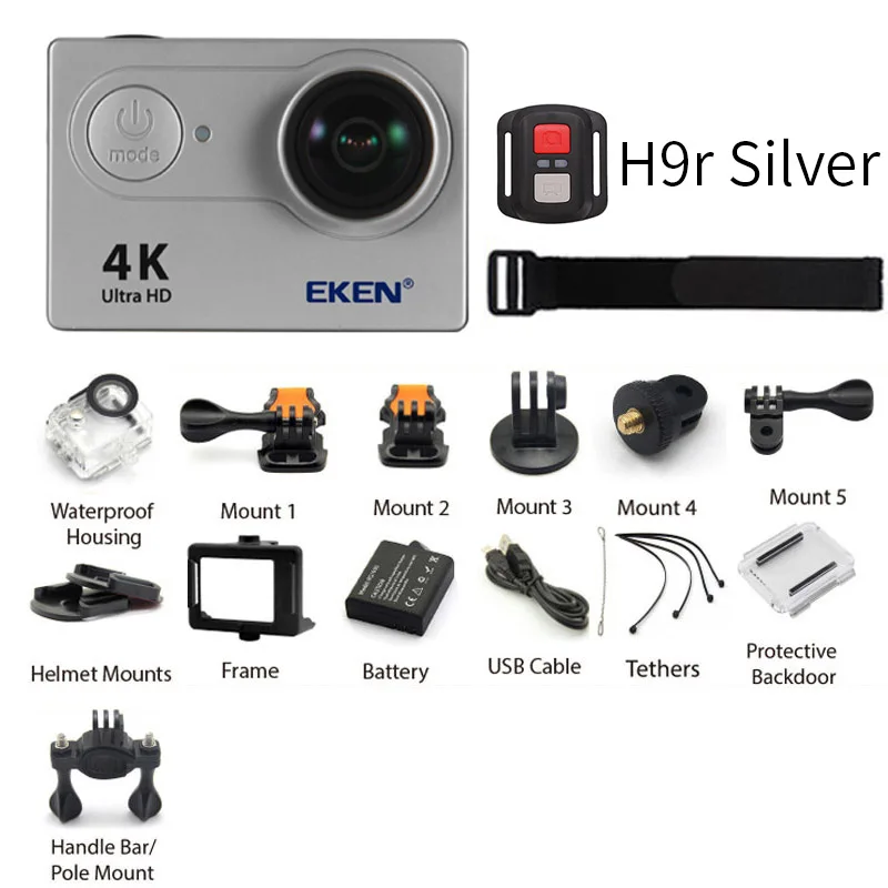 Экшн-камера eken H9 H9R wifi 4 K/30FPS 1080 p/60fps 720 P/120FPS Ultra HD мини-камера для подводной съемки Водонепроницаемая спортивная видеокамера - Цвет: h9r Silver