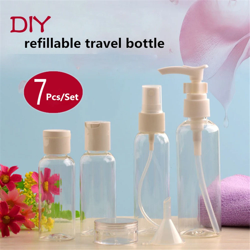 

7Pcs Set Refillable Mini Transparent Perfume Plastic Bottle Spray Atomizer Portable Travel Cosmetic Container Make Up Skin Care