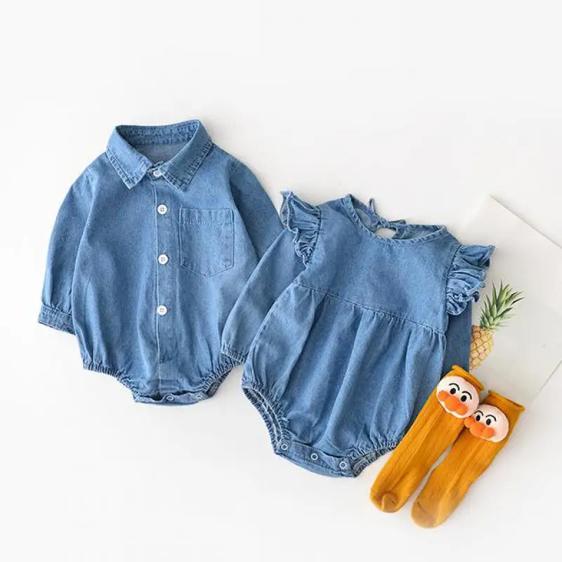 Fashion Baby Cotton Cowboy Denim Jeans Rompers Long Sleeve Boys And