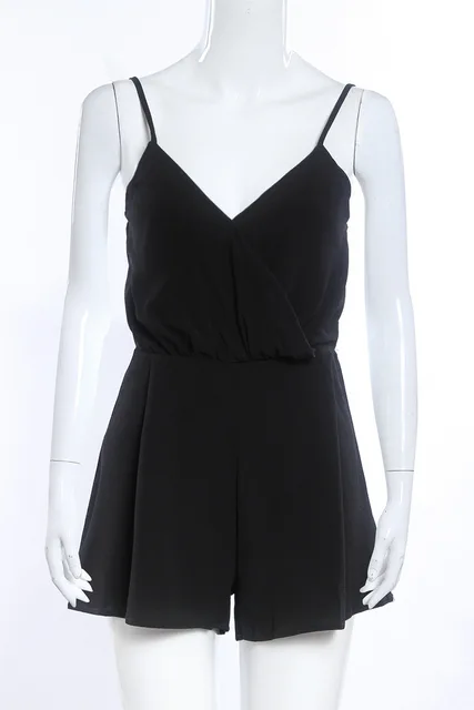 2017 Summer Casual Playsuit Women Sexy Sleeveless Short Jumpsuit Shorts Solid Black Deep V Neck Waist Loose Overalls Romper 1